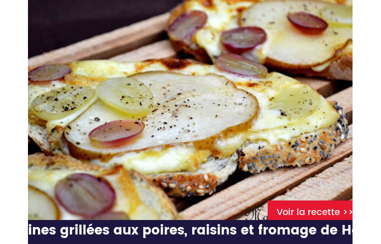 Tartines grillées aux poires, raisins et fromage de Herve